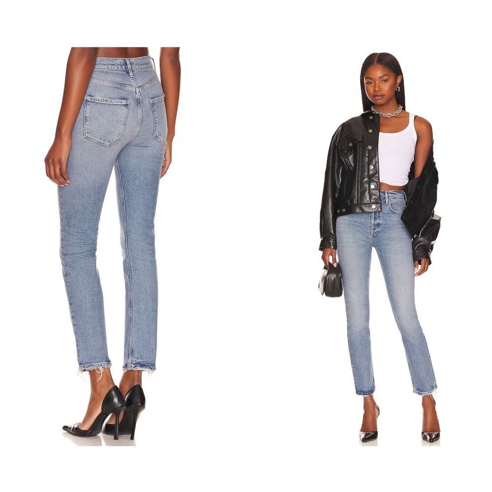 AGOLDE Revolve Straight Jeans 24 High Waisted Casual Faded Distressed Blue Riley